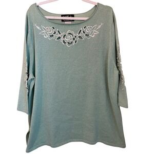 Bob Mackie Wearable Art Size‎ 2X Green Shimmer Spring Sweater 3/4 Sleeve Flower